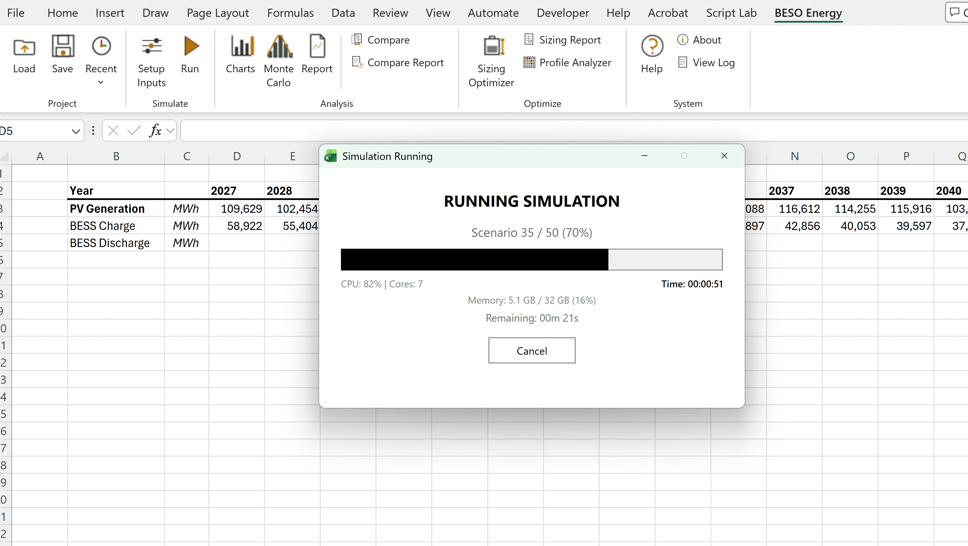 BESO simulation running — 70% complete, 7 CPU cores at 80%